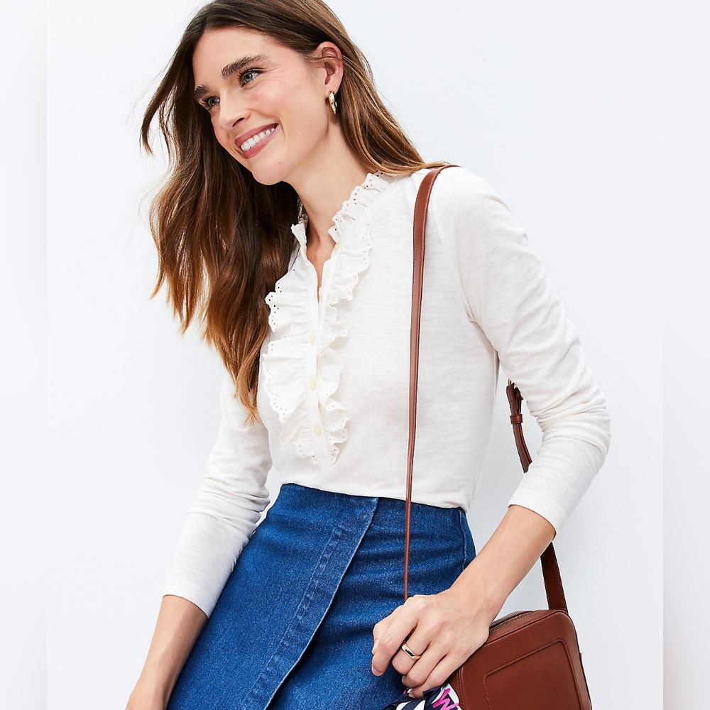 Loft Eyelet Ruffle Henley Top